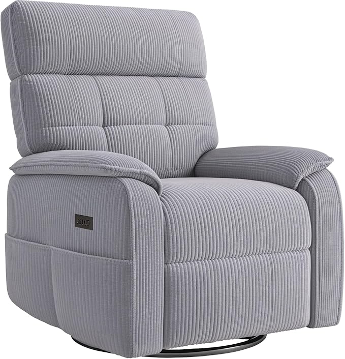 Claiks Power Swivel Rocker Recliner Chair, Oversized Recliner Chairs for Adults, Corduroy Overstuffed Reclining Chair with USB and Type-C Ports for Living Room, Grey