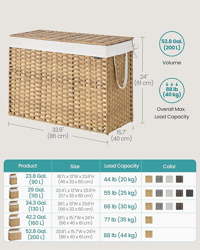 SONGMICS Laundry Hamper with Lid, 200 L Clothes Hamper with 2 Removable Liner Bags, 6 Mesh Bags, Wicker Laundry Basket, Double Laundry Hamper for Bathroom, 15.7 x 33.9 x 24 Inches, Natural ULCB452Y01