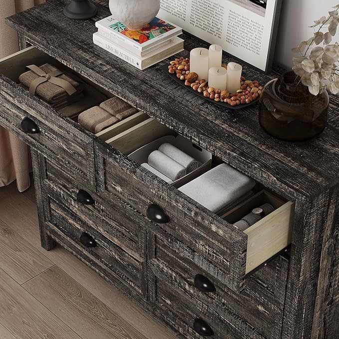 Rustic 8 Drawer Dresser for Bedroom, Modern Farmhouse Wood Dresser with Vintage Black Antique Handle, Double Chest of Drawers for Hallway, Antique Black