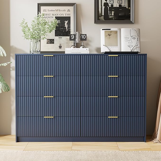 Navy Blue Dresser for Bedroom, Modern Dresser with 8 Drawers and Smooth Slides, Wide Chest of Drawers with Golden Handles for Bedroom, Closet, 15.7" D x 55" W x 37.4" H