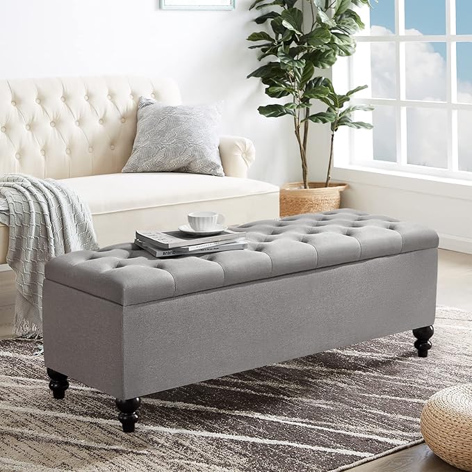 Storage Ottoman 50.2 Inches Upholstered Fabric Bench,Button Tufted for Living Room,Bedroom End of Bed Bench Withstands 303lbs (Grey)