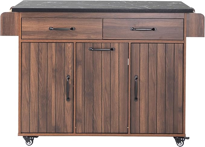 Kitchen Island with Storage & Drop Leaf, 51" Kitchen Rolling Island on Wheels with Spice Rack & Towel Rack, Kitchen Island Cart with Trash Can Storage, Walnut Brown