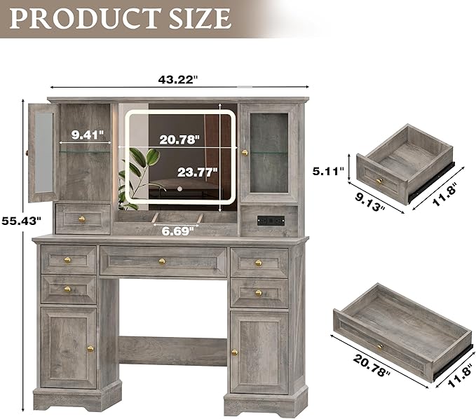 Makeup Vanity Desk with HD Lighted Mirror & Power Outlet, Farmhouse Vanity Table Set with Storage Drawers & RGB Cabinets, Large Dressing Table with 3 Lighting Modes for Women Kids Girls Bedroom, Grey