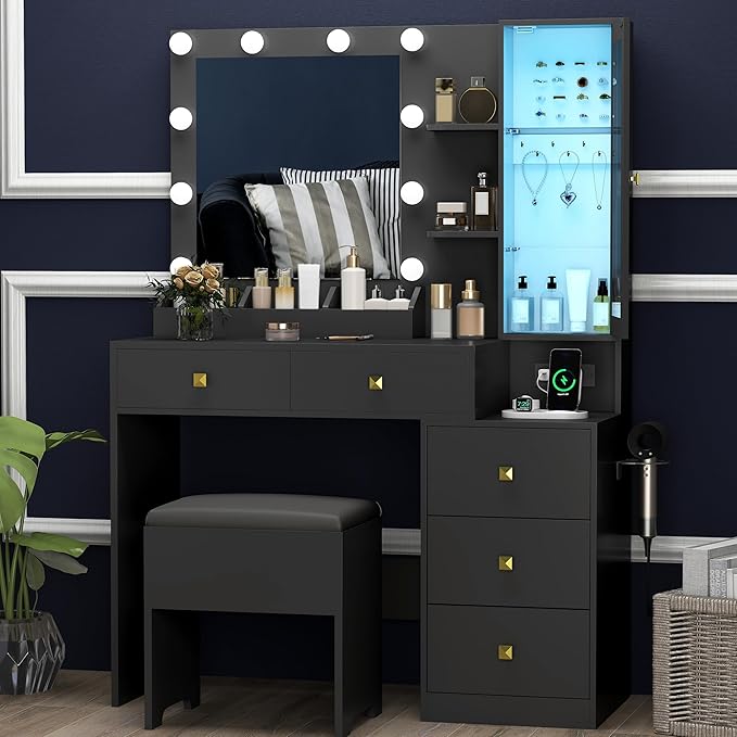 Vanity Desk with Mirror and Lights,Makeup Table with Charging Station & RGB Storage Cabinet,Large Drawer & Storage Shelves,5 Drawer,Bedroom Dressing Table, Black
