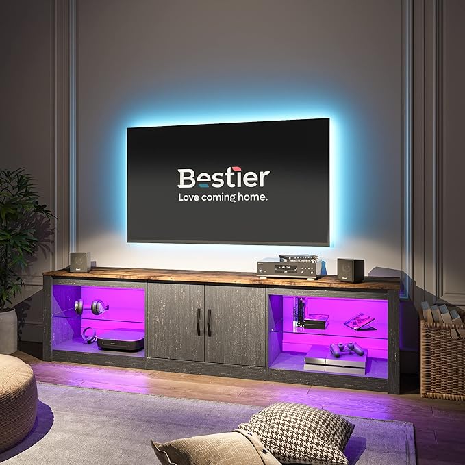 Bestier 70 Inch Led TV Stand for 75 Inch TV Large Entertainment Center Gaming with Adjustable Glass Shelves Two Cabinets Modern TV Console for Living Room 22 RGB Modes, Golden Black