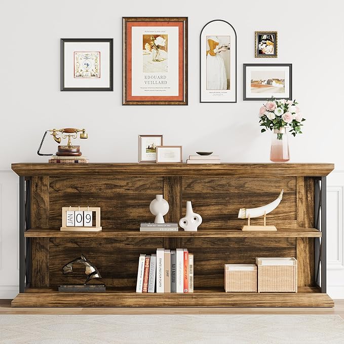 63 Inch Long Console Tables for Entryway with 3-Tier Storage, Wooden Sofa Table Behind Couch for Living Room Hallway, Entry, Brown