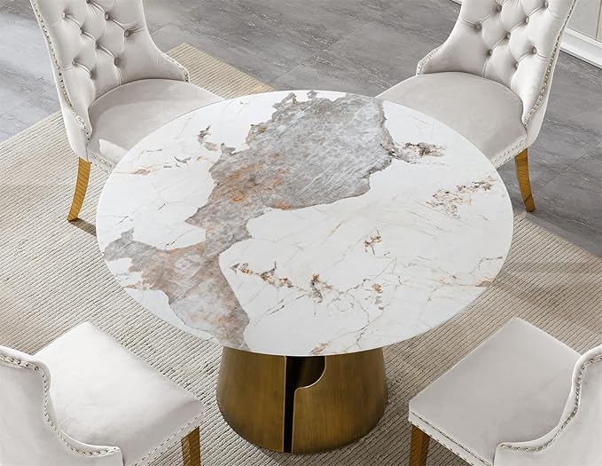 Round Faux Marble Dining Table Set for 4, Modern Luxury Kitchen Table for 4-6, Circle Dining Tables with Pandora Marble Grain Top and Bronze Carbon Steel Pedestal Base (1 Table Only)