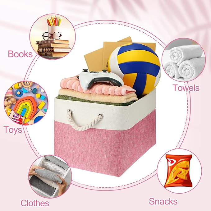 meekoo 8 Pack Collapsible Storage Bins Fabric Storage Bins Polyester Fabric Baskets with Handles Linen Closet Organizer for Shelf Home Closet Towels Toys(15 x 11 x 9.5 in,Pink White)