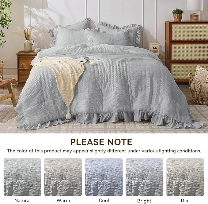 JOLLYVOGUE Light Grey Queen Comforter Set, 3 Pieces Seersucker Comforters Queen Size, Lightweight & Fluffy Bedding Sets Queen for All Season with 1 Ruffle Comforter and 2 Ruffle Pillowshams
