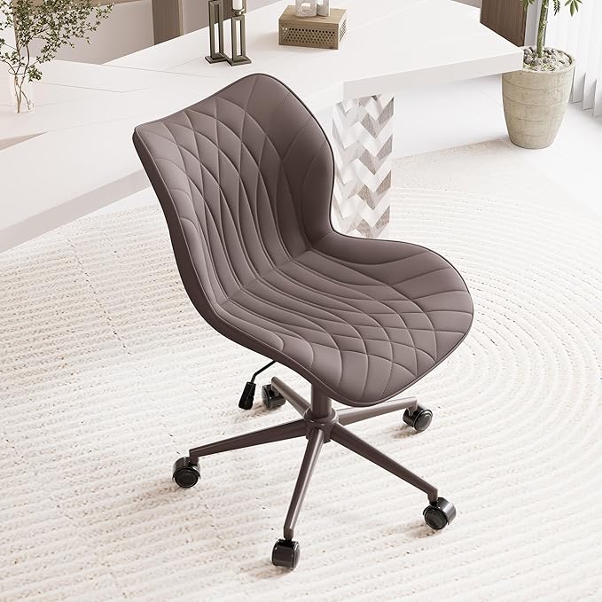 YOUNUOKE Armless Desk Chair Comfy Office Chair with Wheels Home Ergonomic Task Chair Adjustable Computer Chairs Modern Faux Leather Swivel Chair Upholstered Makeup Vanity Chair with Back(Brown)