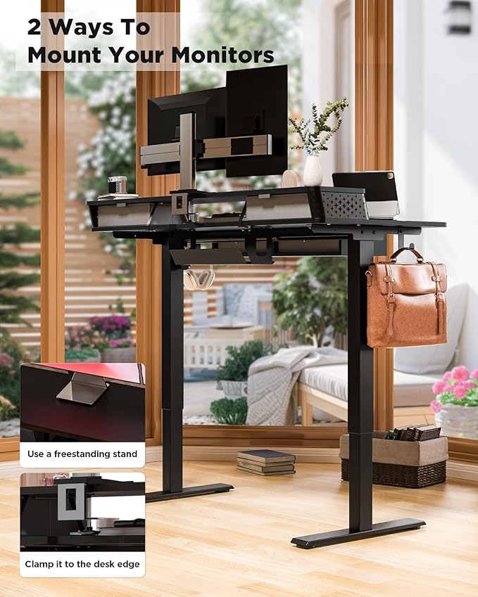 FiCiHi Adjustable Height Standing Desk with 4 Drawers,55 x 24 inches Electric Sit Stand Home Office Desk with Two Tiers, 3 Memory Presets, Monitor Stand Riser, C-Clamp Mount Compatible