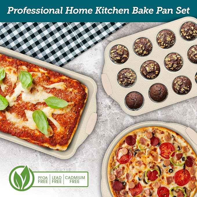 Deluxe 8-Piece Carbon Steel Bakeware Set - Nonstick White Marble Coating, Silicone Handles - Professional Quality Kitchen Oven Baking Pans