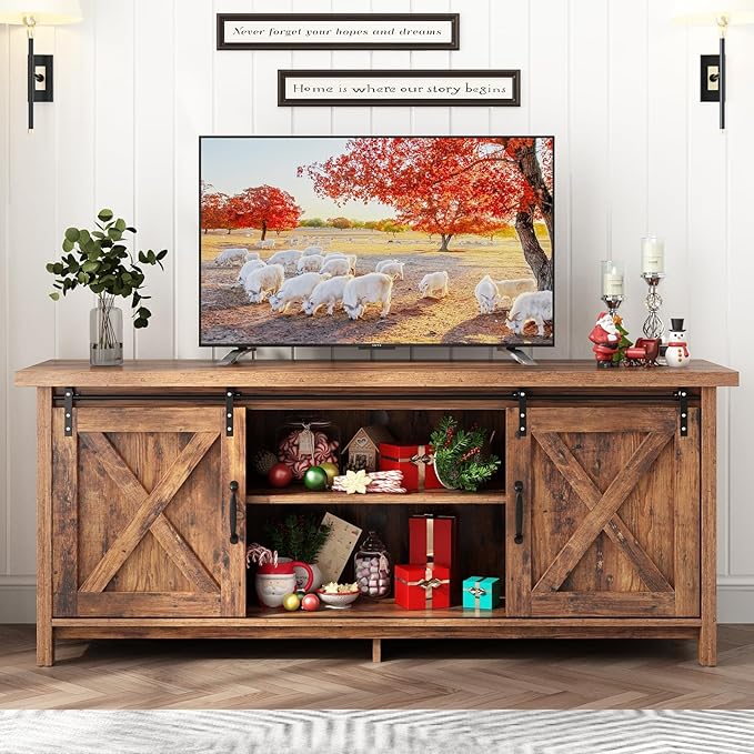 Farmhouse TV Stand for 55-65in TV with Adjustable Shelves & Sliding Barn Door - Rustic, Wooden Entertainment Center & Media Cabinet for Bedroom, Living Room (Dark Brown, 58in)