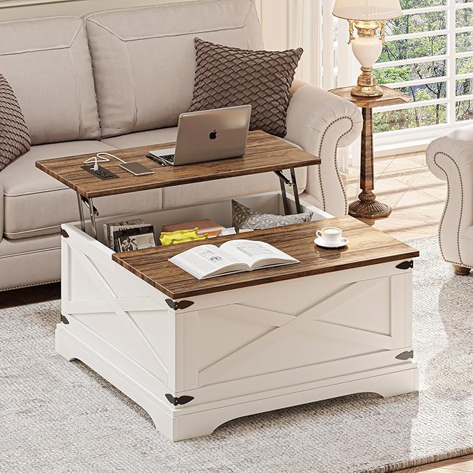 Lift Top Coffee Table with Storage, Square Coffee Table for Living Room with Charging Ports, Farmhouse Dining Table with Large Hidden Storage, White, 31.5"