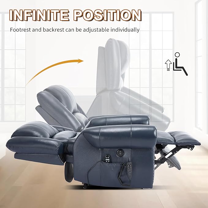 Power Lift Recliner Chair for Elderly, Dual Motor Massage Recliner with Lumbar Heat, Heavy Duty Motion Mechanism Lift Chair with Charge Ports, Genuine Leather - Blue