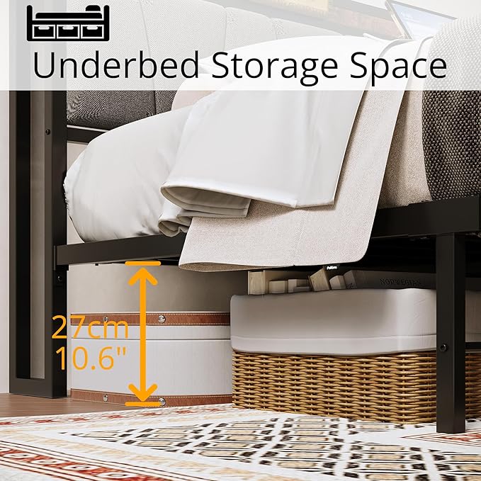 LIKIMIO King Size Bed Frame, Storage Headboard with Charging Station, Solid and Stable, Noise Free, No Box Spring Needed, Easy Assembly