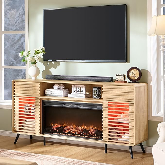 RedLemon Fireplace TV Stand for 80 Inch TV, Mid Century Modern Entertainment Center with 36" Electric Fireplace & Led Lights, Wood Media Console w/Slatted Sliding Doors for Living Room, Natural Oak
