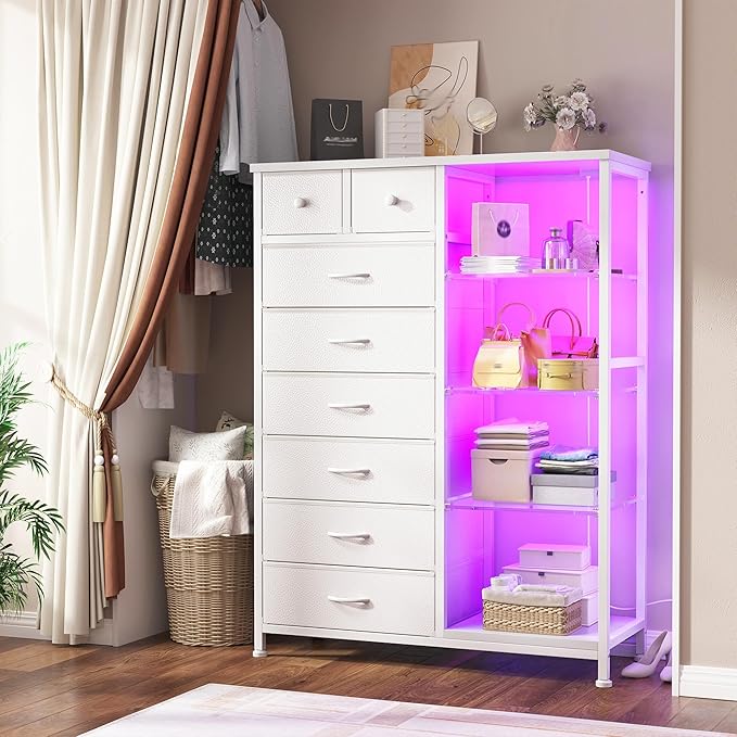 EnHomee Dresser for Bedroom with LED Lights & Power Outlets Tall Dresser with 8 Drawers Fabric Dressers & Chests of Drawers for Bedroom, Closet, Sturdy Metal Frame, Acrylic Plates (White)