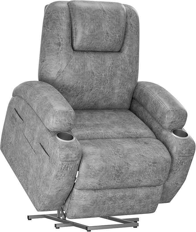Power Lift Recliner Chair with Massage Electric Lift Chair for Elderly, Ergonomic Recliner with Cup Holders & Side Pockets, Modern Single Sofa for Living Room (Leathaire, Light Gray)