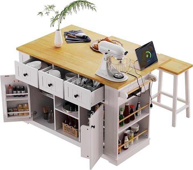 Large Kitchen Island Cart on 5 Wheels with Power Outlet, Drop Leaf, 3 Drawers, Kitchen Storage Cart with 5 Open Side Racks for Kitchen, Dining Room, Home Bar White