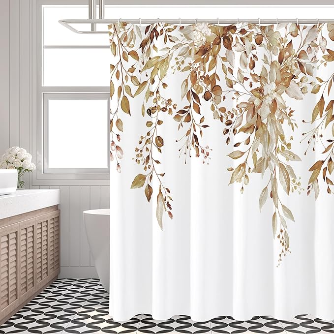 Gibelle Brown Eucalyptus Shower Curtain, Watercolor Plant Leaves with Floral Bathroom Shower Curtain Set with Hooks, 72x72