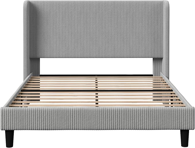 Allewie Queen Size Bed Frame with Upholstered Wingback Headboard, Vertical Channel Tufted Corduroy Velvet Platform Bed, Strong Wooden Slats Support, No Box Spring Needed, Easy Assembly, Light Grey