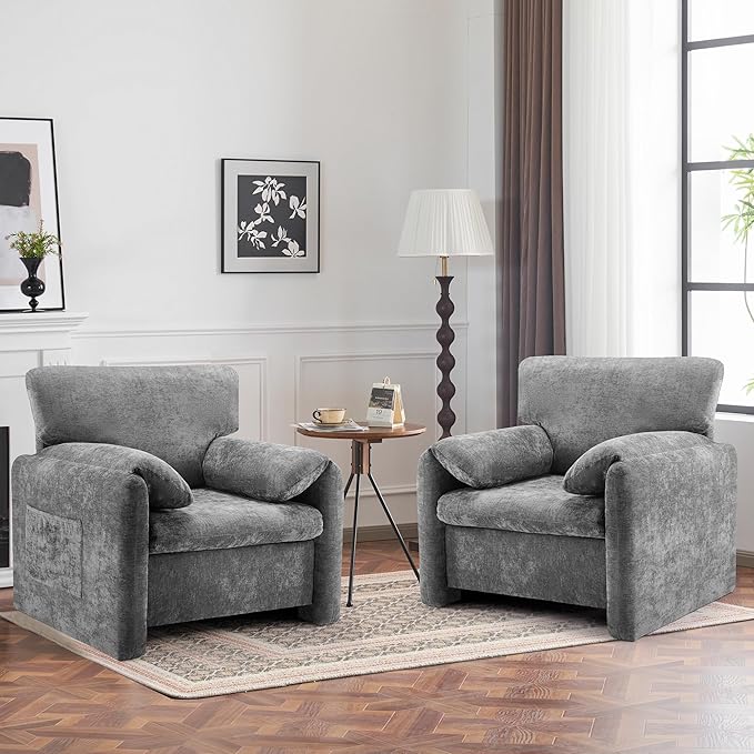 39" Modern Chenille Oversized Armchair, Wide Accent Chair, Mid Century Single Sofa Chairs, Comfy Upholstered Reading Chair for Living Room, Bedroom, and Apartment (Grey)