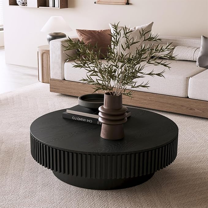 Round Coffee Table for Living Room, Accent Fluted Drum Coffee Table with Storage, Modern Solid Wood Veneered Circle Center Tea Table for Small Space Apartment (39.4''D×14''H-Black)