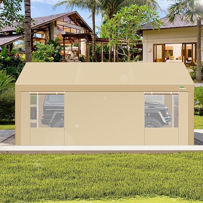 COBIZI Carport 10x20ft Heavy Duty Portable Garage, 2.0 Powder Coated Frame(Better Than Galvanized), Waterproof Shelter with Removable Sidewalls & Windows, Built-in Sandbags, for Car/Boat/SUV, Khaki