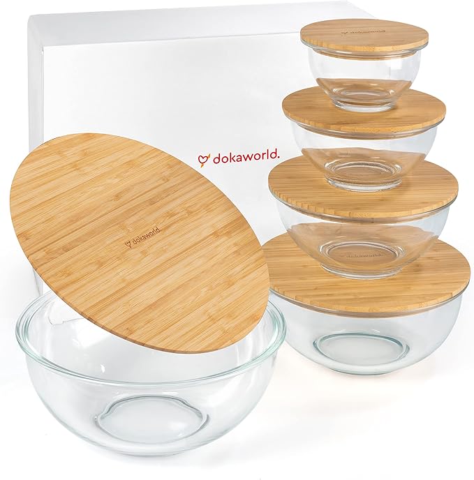 Stackable Space-Saving Set of 5 Nesting Glass Bowls with Bamboo Lids for Foodprep, Storage, Baking, Mixing & Cooking, Microwave & Oven Safe BPA Free Heat Resistant Inert Borosilicate Glass