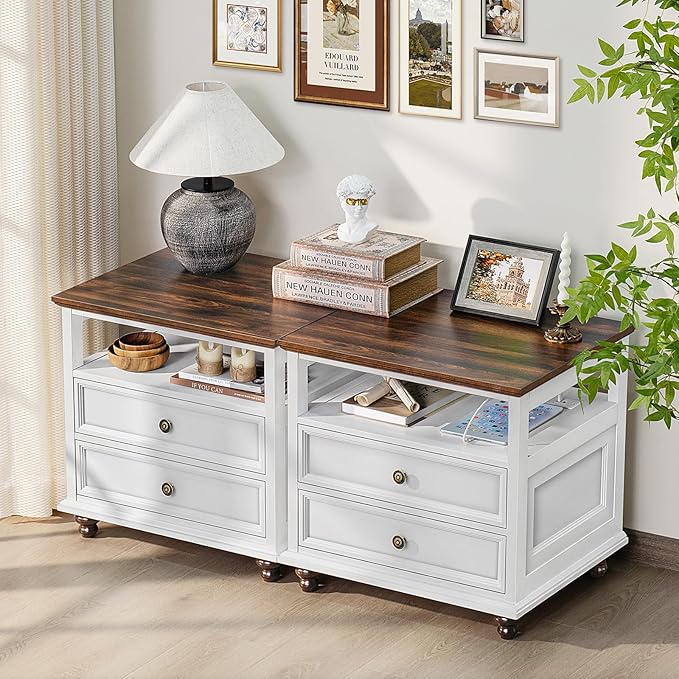 Farmhouse Nightstand Set of 2 with Charging Station, 24" Wide End Table with 2 Drawers,Dresser for Bedroom,Bed Side Table Chest of Drawers Cabinet,Wood White Night Stand for Living Room