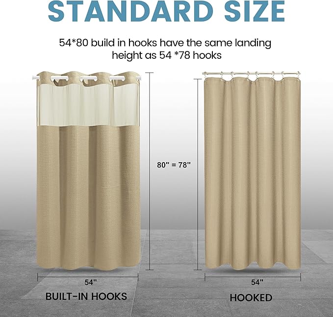 Beige Stall No Hook Shower Curtain with Snap in Liner,230GSM Waffle Weave Shower Curtains for Bathroom,54W x 80H