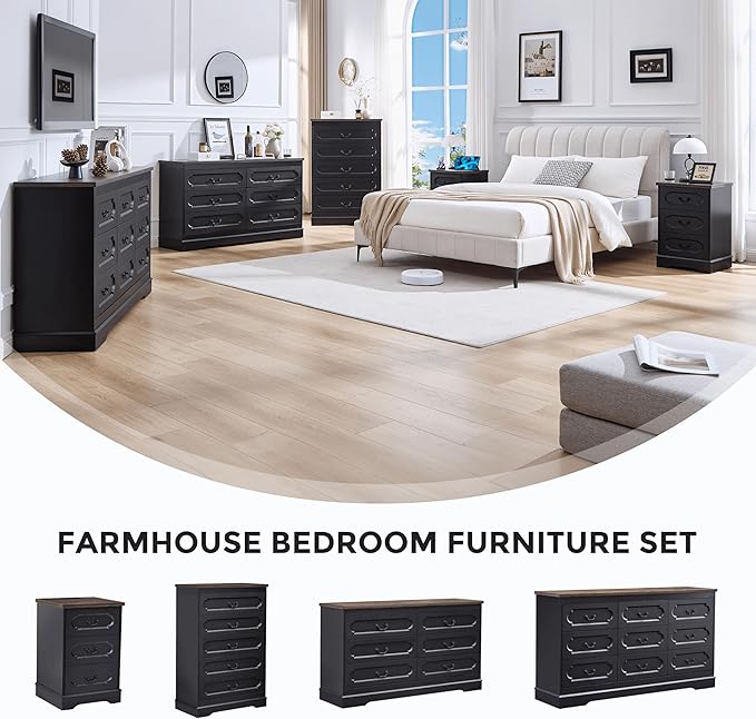 LIDYUK 3 Drawer Dresser for Bedroom Farmhouse Black Wood Chest of Drawers Bedroom Dresser with Charging Station, Rustic Small Drawers Dressers Nightstand Wooden Closet Storage Cabinet, Living Room