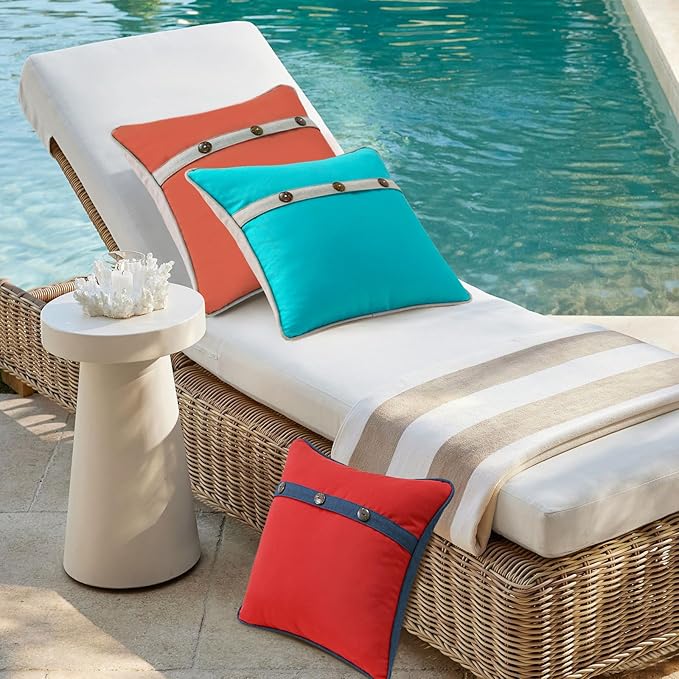 Outdoor Sunbrella Decorative Pillows with Triple Coconut Buttons Pack of 4, 16" x 16" Outdoor Pillow Set for Couch Bed Throw Patio Sofa, Canvas Logo Red/Specrtum Indigo