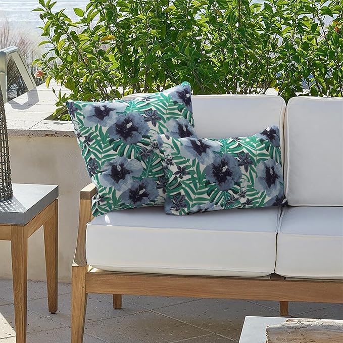Outdoor Lumbar Pillow Covers 12”x20”, Rectangle Throw Pillow Covers for Patio Furniture, Decorative Lumbar Cushion Case for Garden Balcony Couch Office Chair, Pack of 2,Blue Salmone Tropical