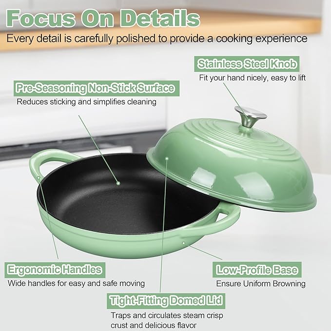 TeamFar Cast Iron Bread Dutch Oven, 6 Qt Enameled Dutch Oven Pot for Sourdough Bread Baking, with Tall Dome Lid & Round Base Pan, Self-Basting & Even-Heating, Heavy-Duty & Non-stick, Pistachio Green