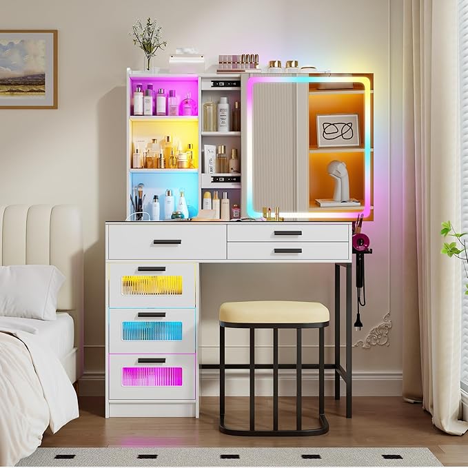 RGB Vanity Desk with Sliding Mirror and Lights,Makeup Vanity with Charging Station,LED Vanity Table with Glass Top,Girls Vanities Dressing Table Set with Stool&6 Drawers for Bedroom(White