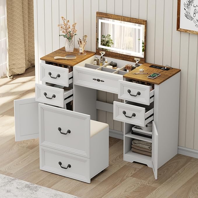 Farmhouse Vanity Desk with Flip up Vanity Mirror and Lights,Rustic Makeup Vanity with Charging Station and Hidden Drawer,Vanity Table Set with Drawers/6-Compartment/Cabinets,White