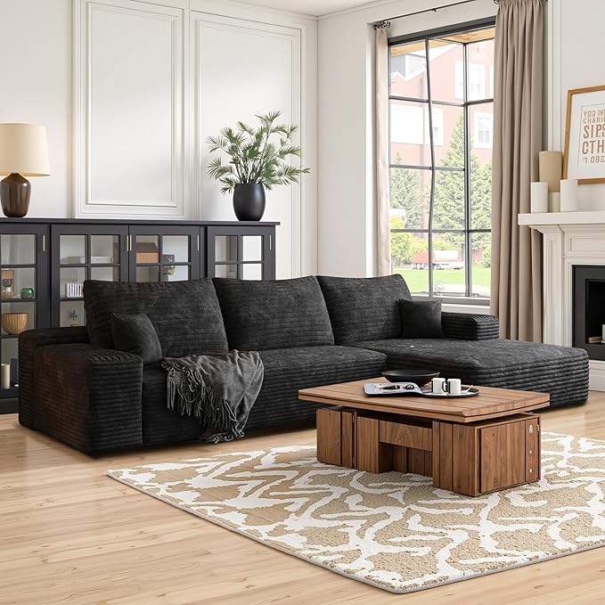 Sectional Couches for Living Room 112" L-Shape Cloud Couch Modern Modular Sectional Sofa Bad, Boneless Couch with Right Deep Seat, No Assembly Required (Plush Corduroy Fabric, Black)