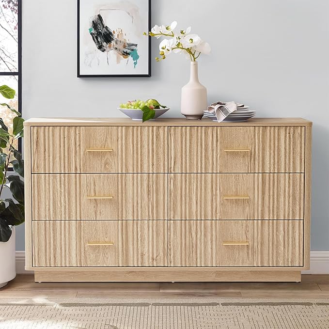 Fluted Double Dresser for Bedroom with 6 Drawers,47" Wide Modern Chest of Drawers,Curved Profile Wood Storage Dressers TV Stand,Wooden Closet Clothes Storage Organizer for Living Room Hallway, Natural