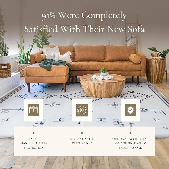 Poly & Bark Napa Leather Couch - Left Facing Sectional Sofa with 2 Bolsters - Full-Grain Leather Sofa for Living Room with Feather-Down Topper - Corner Couch - Vintage Italian Leather in Cognac Tan