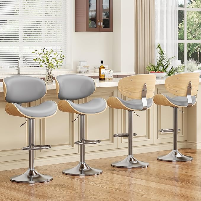 Bar Stools Set of 2, Bentwood Adjustable Height Swivel Bar Stools, PU Leather Upholstered Bar Chair with Back and Footrest for Bar, Kitchen, Grey