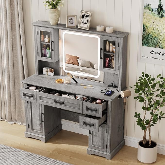 Maupvit Farmhouse Vanity Desk with Mirror and Lights, Makeup Vanity Table with Charging Station, 45" Bedroom Table with 4 Drawers and Cabinets, 3 Lighting Modes, Grey