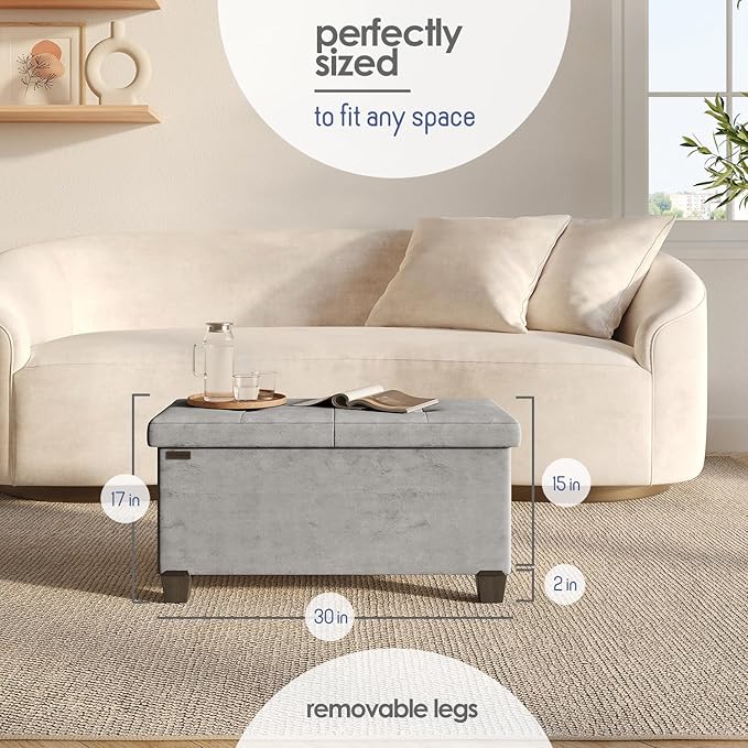 STORAGEBUD Storage Ottoman Bench with Bins, 30-in Storage Bench for Bedroom End of Bed, Folding Foot Rest Ottoman for Living Room Max 660lbs, Velvet Ottomans, Light Grey