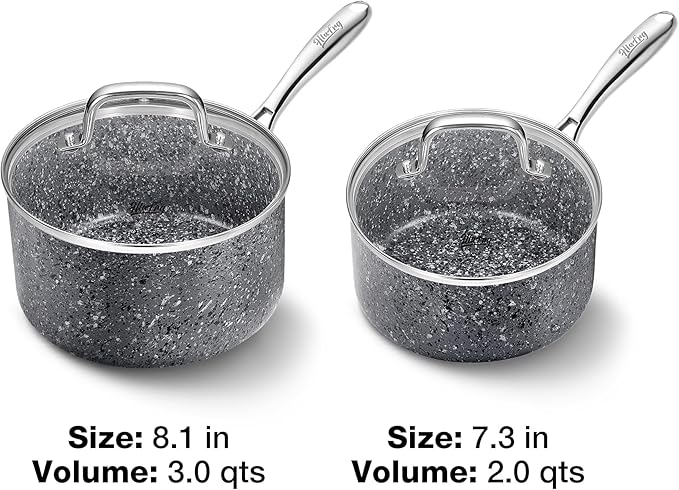 Saucepan Set, Nonstick 2Qt & 3Qt Sauce Pans with Lids, Small Pot with Lid - Natural Granite, Grey