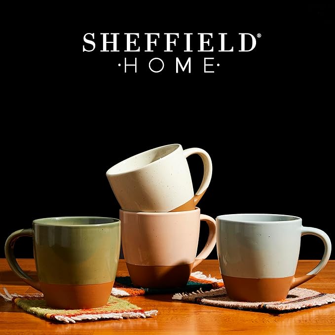 Sheffield Home Coffee Mugs Set of 4 Stoneware Mugs - 16oz Large Ceramic Coffee Mug with Handle - Dishwasher & Microwave Safe Classic Mug for Tea, Latte, Espresso and Cappuccino - Assorted Neutrals