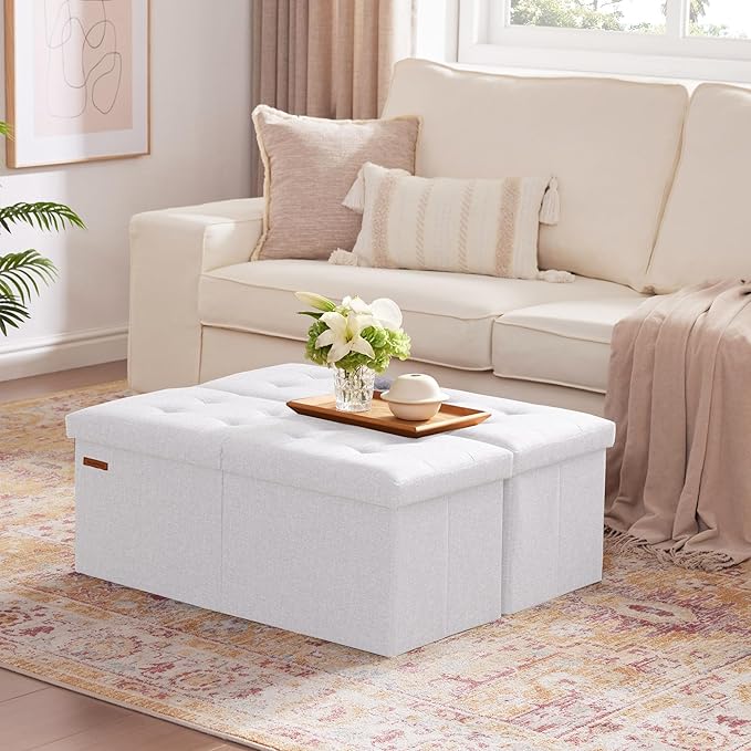 HAUSFRAU 31.5 Inches Ottoman with Storage Bench, Folding Ottoman Bench Small Foot Rest Stool, Bedroom Bench with Flipping Lid, Linen White