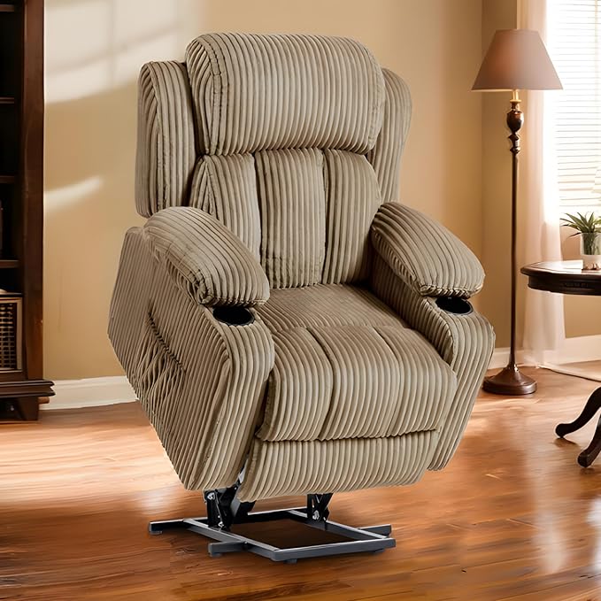 FLEXISPOT XL31 Power Lift Recliner Chair for Elderly, Electric Lift Chair with Massage & Heat, Corduroy Reclining Sofa w/Cup Holders, Side Pockets for Living Room Bedroom(Medium Size,Khaki)