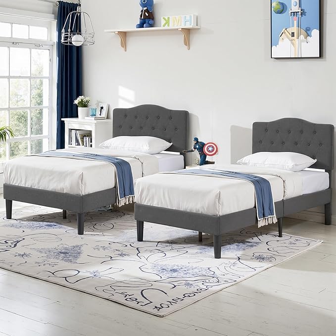 VECELO Twin Size Platform Bed Frame with Fabric Upholstered Headboard and Wooden Slats Support, No Box Spring Needed/Easy Assembly,Dark Grey
