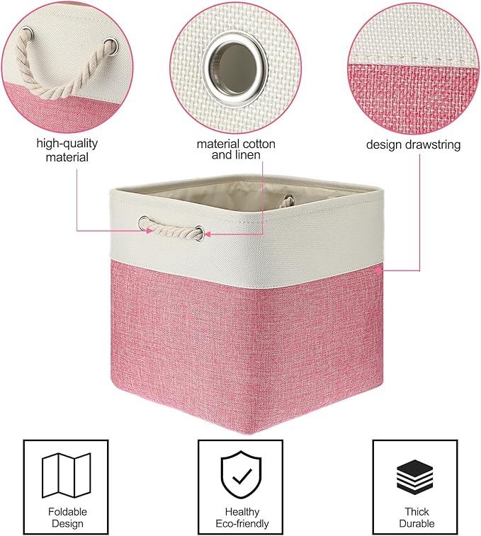 meekoo 8 Pack Collapsible Storage Bins Fabric Storage Bins Polyester Fabric Baskets with Handles Linen Closet Organizer for Shelf Home Closet Towels Toys(12 x 12 x 12 in,Pink White)